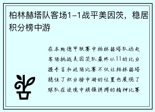 柏林赫塔队客场1-1战平美因茨，稳居积分榜中游