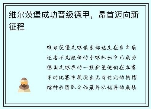 维尔茨堡成功晋级德甲，昂首迈向新征程