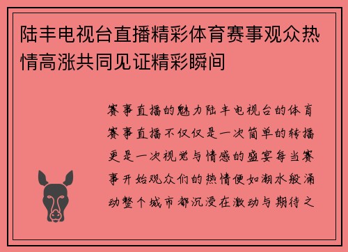 陆丰电视台直播精彩体育赛事观众热情高涨共同见证精彩瞬间